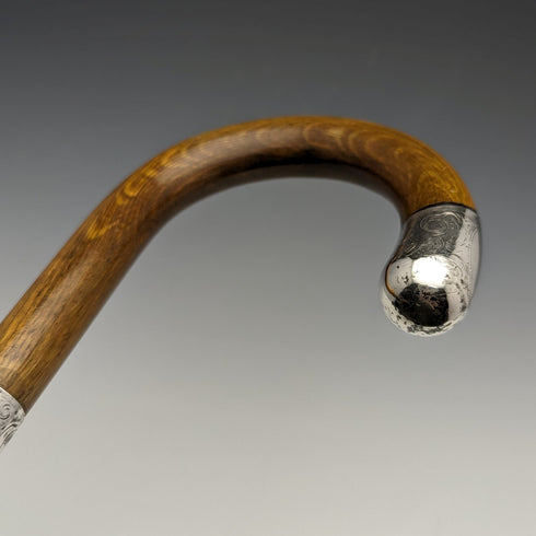 1922 British Antique Gentleman's Walking Stick, Brown Handle, Pure Silver Decoration, Curved Handle, 92cm